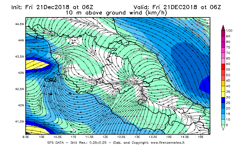 Mappa di analisi GFS - Velocità del vento a 10 metri dal suolo [km/h] in Centro-Italia
									del 21/12/2018 06 <!--googleoff: index-->UTC<!--googleon: index-->