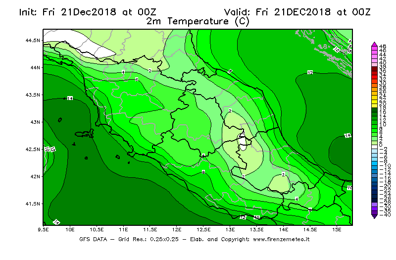 Mappa di analisi GFS - Temperatura a 2 metri dal suolo [°C] in Centro-Italia
									del 21/12/2018 00 <!--googleoff: index-->UTC<!--googleon: index-->