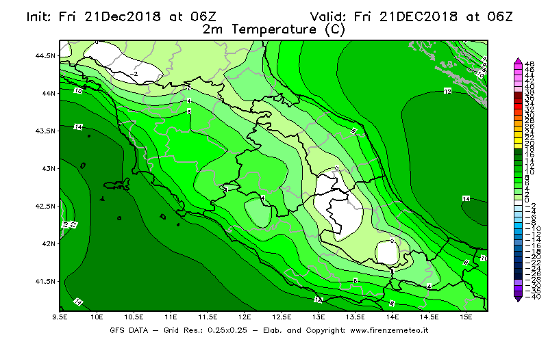 Mappa di analisi GFS - Temperatura a 2 metri dal suolo [°C] in Centro-Italia
									del 21/12/2018 06 <!--googleoff: index-->UTC<!--googleon: index-->