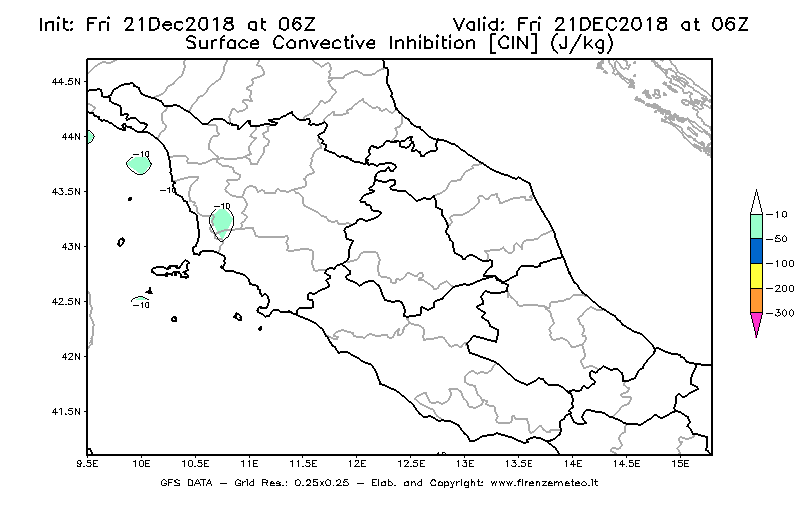 Mappa di analisi GFS - CIN [J/kg] in Centro-Italia
									del 21/12/2018 06 <!--googleoff: index-->UTC<!--googleon: index-->