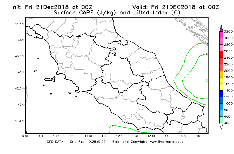 Mappa di analisi GFS - CAPE [J/kg] e Lifted Index [°C] in Centro-Italia
									del 21/12/2018 00 <!--googleoff: index-->UTC<!--googleon: index-->