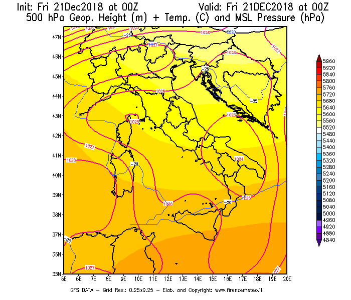 Mappa di analisi GFS - Geopotenziale [m] + Temp. [°C] a 500 hPa + Press. a livello del mare [hPa] in Italia
									del 21/12/2018 00 <!--googleoff: index-->UTC<!--googleon: index-->