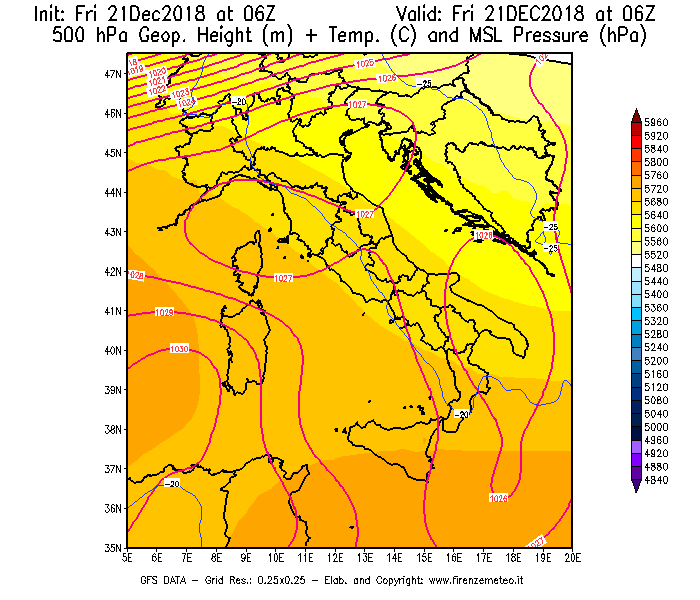 Mappa di analisi GFS - Geopotenziale [m] + Temp. [°C] a 500 hPa + Press. a livello del mare [hPa] in Italia
									del 21/12/2018 06 <!--googleoff: index-->UTC<!--googleon: index-->