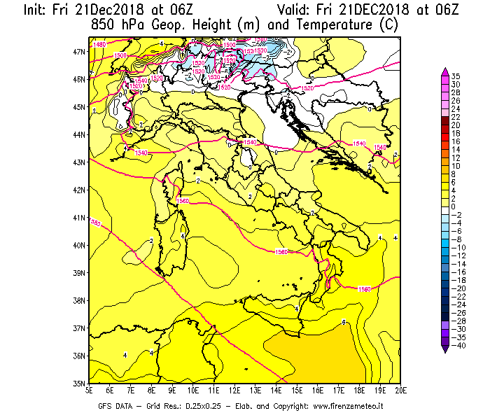 Mappa di analisi GFS - Geopotenziale [m] e Temperatura [°C] a 850 hPa in Italia
									del 21/12/2018 06 <!--googleoff: index-->UTC<!--googleon: index-->