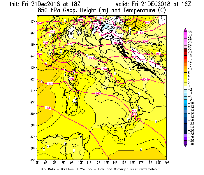 Mappa di analisi GFS - Geopotenziale [m] e Temperatura [°C] a 850 hPa in Italia
									del 21/12/2018 18 <!--googleoff: index-->UTC<!--googleon: index-->