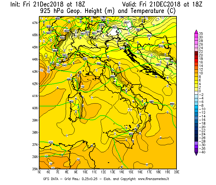 Mappa di analisi GFS - Geopotenziale [m] e Temperatura [°C] a 925 hPa in Italia
									del 21/12/2018 18 <!--googleoff: index-->UTC<!--googleon: index-->