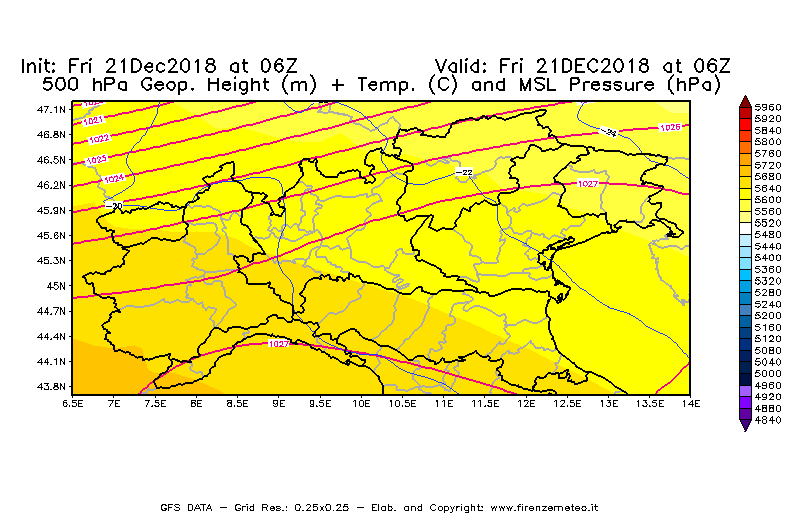 Mappa di analisi GFS - Geopotenziale [m] + Temp. [°C] a 500 hPa + Press. a livello del mare [hPa] in Nord-Italia
									del 21/12/2018 06 <!--googleoff: index-->UTC<!--googleon: index-->