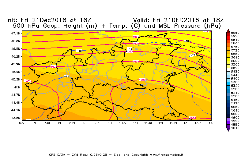 Mappa di analisi GFS - Geopotenziale [m] + Temp. [°C] a 500 hPa + Press. a livello del mare [hPa] in Nord-Italia
									del 21/12/2018 18 <!--googleoff: index-->UTC<!--googleon: index-->