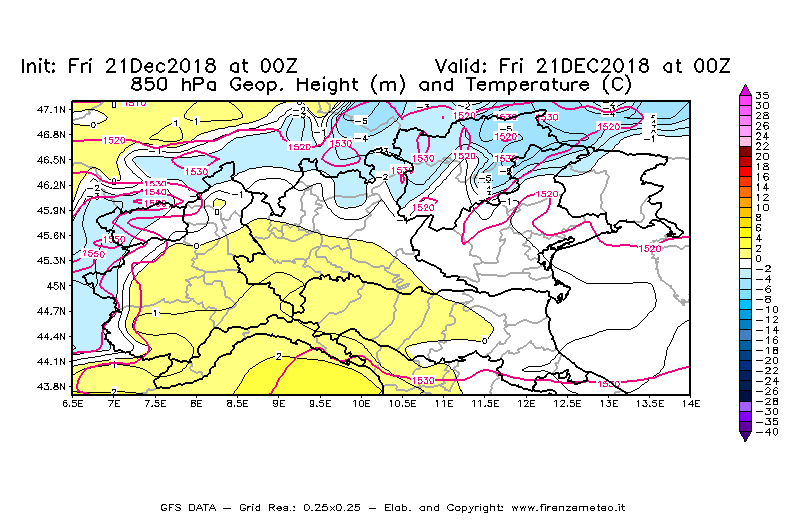Mappa di analisi GFS - Geopotenziale [m] e Temperatura [°C] a 850 hPa in Nord-Italia
									del 21/12/2018 00 <!--googleoff: index-->UTC<!--googleon: index-->