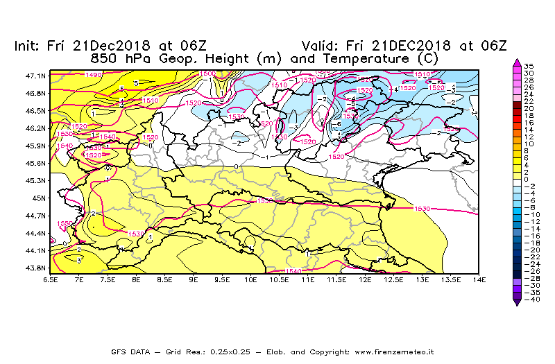 Mappa di analisi GFS - Geopotenziale [m] e Temperatura [°C] a 850 hPa in Nord-Italia
									del 21/12/2018 06 <!--googleoff: index-->UTC<!--googleon: index-->