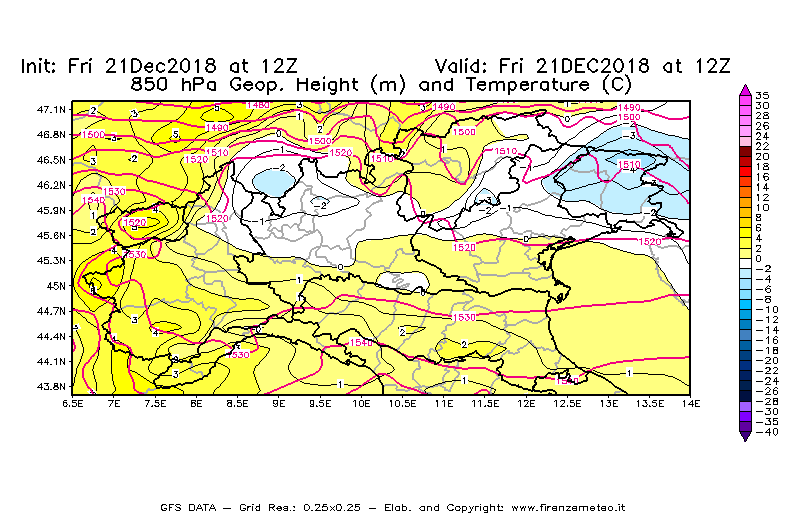 Mappa di analisi GFS - Geopotenziale [m] e Temperatura [°C] a 850 hPa in Nord-Italia
									del 21/12/2018 12 <!--googleoff: index-->UTC<!--googleon: index-->