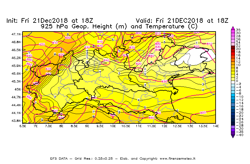 Mappa di analisi GFS - Geopotenziale [m] e Temperatura [°C] a 925 hPa in Nord-Italia
									del 21/12/2018 18 <!--googleoff: index-->UTC<!--googleon: index-->