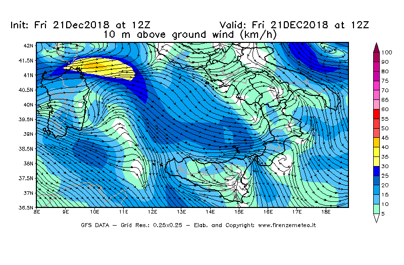 Mappa di analisi GFS - Velocità del vento a 10 metri dal suolo [km/h] in Sud-Italia
									del 21/12/2018 12 <!--googleoff: index-->UTC<!--googleon: index-->