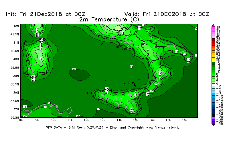 Mappa di analisi GFS - Temperatura a 2 metri dal suolo [°C] in Sud-Italia
									del 21/12/2018 00 <!--googleoff: index-->UTC<!--googleon: index-->