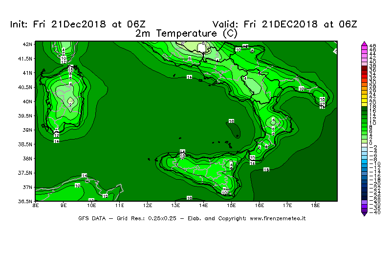 Mappa di analisi GFS - Temperatura a 2 metri dal suolo [°C] in Sud-Italia
									del 21/12/2018 06 <!--googleoff: index-->UTC<!--googleon: index-->