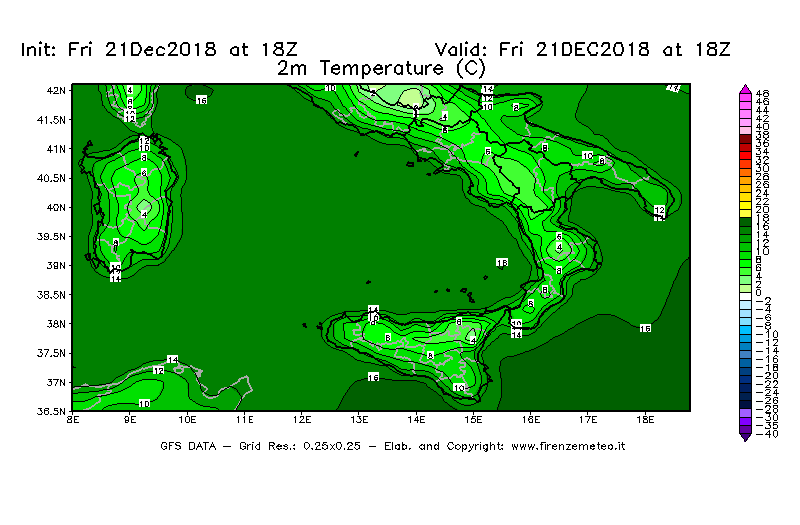 Mappa di analisi GFS - Temperatura a 2 metri dal suolo [°C] in Sud-Italia
									del 21/12/2018 18 <!--googleoff: index-->UTC<!--googleon: index-->
