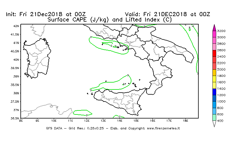 Mappa di analisi GFS - CAPE [J/kg] e Lifted Index [°C] in Sud-Italia
									del 21/12/2018 00 <!--googleoff: index-->UTC<!--googleon: index-->