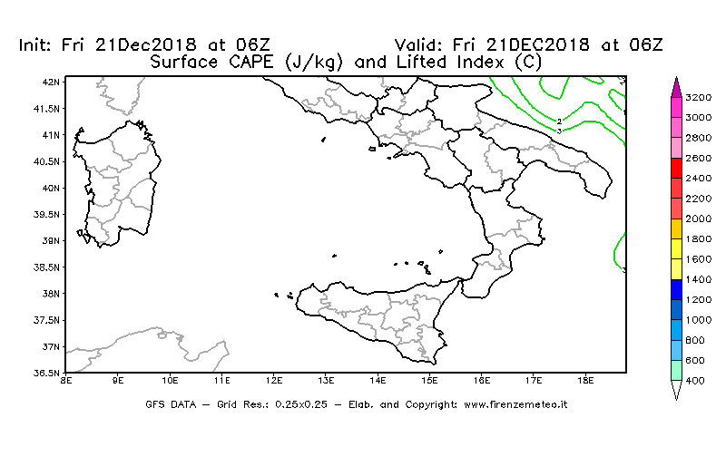 Mappa di analisi GFS - CAPE [J/kg] e Lifted Index [°C] in Sud-Italia
									del 21/12/2018 06 <!--googleoff: index-->UTC<!--googleon: index-->