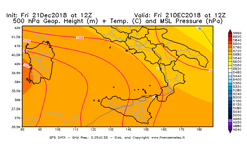 Mappa di analisi GFS - Geopotenziale [m] + Temp. [°C] a 500 hPa + Press. a livello del mare [hPa] in Sud-Italia
									del 21/12/2018 12 <!--googleoff: index-->UTC<!--googleon: index-->