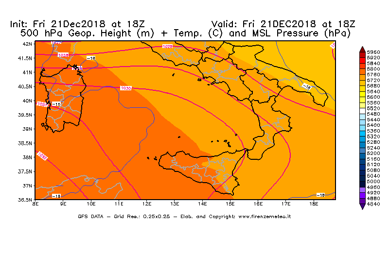 Mappa di analisi GFS - Geopotenziale [m] + Temp. [°C] a 500 hPa + Press. a livello del mare [hPa] in Sud-Italia
									del 21/12/2018 18 <!--googleoff: index-->UTC<!--googleon: index-->