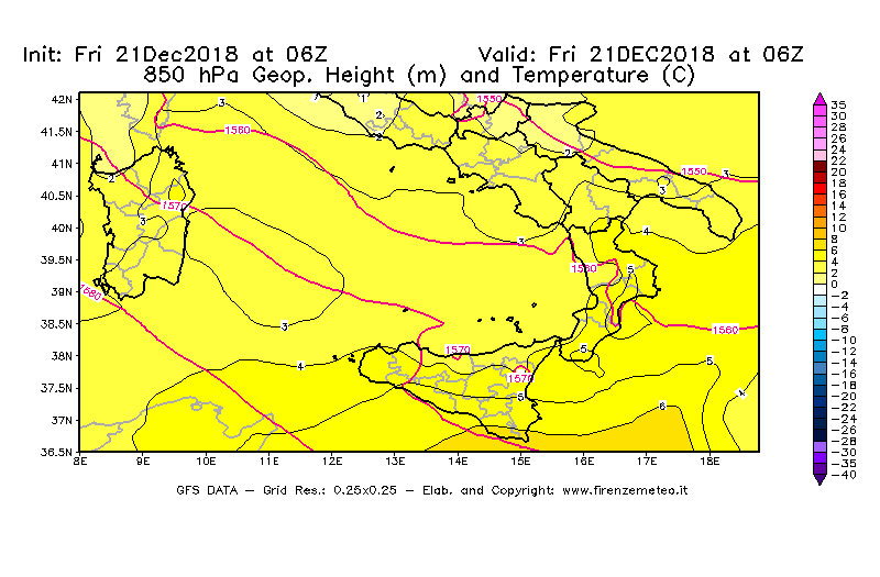 Mappa di analisi GFS - Geopotenziale [m] e Temperatura [°C] a 850 hPa in Sud-Italia
									del 21/12/2018 06 <!--googleoff: index-->UTC<!--googleon: index-->