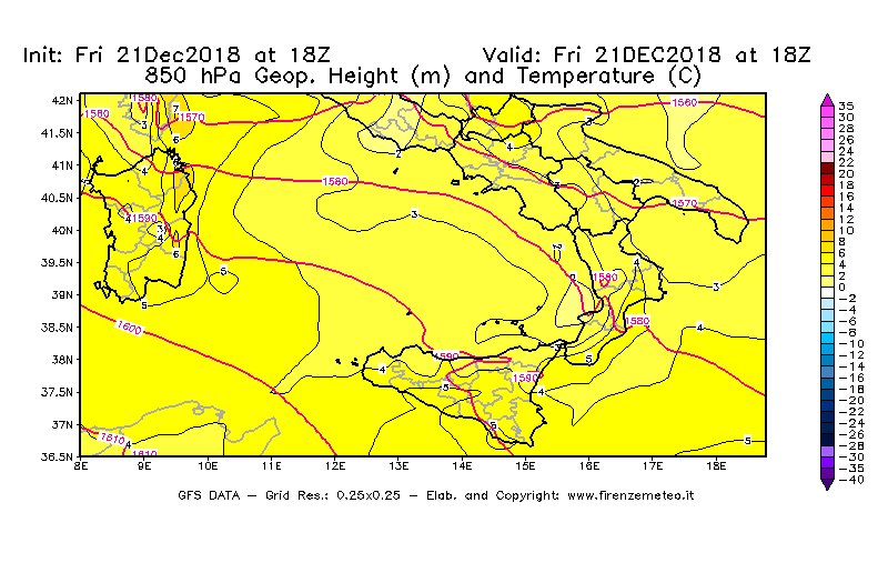Mappa di analisi GFS - Geopotenziale [m] e Temperatura [°C] a 850 hPa in Sud-Italia
									del 21/12/2018 18 <!--googleoff: index-->UTC<!--googleon: index-->