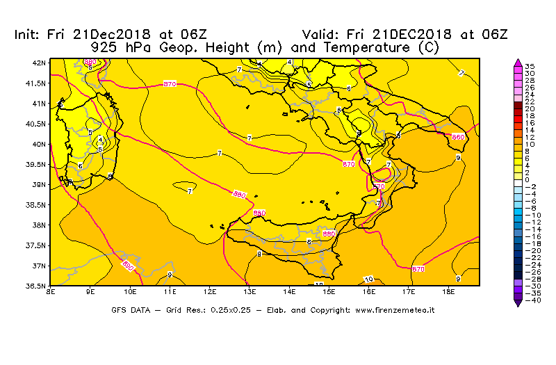 Mappa di analisi GFS - Geopotenziale [m] e Temperatura [°C] a 925 hPa in Sud-Italia
									del 21/12/2018 06 <!--googleoff: index-->UTC<!--googleon: index-->