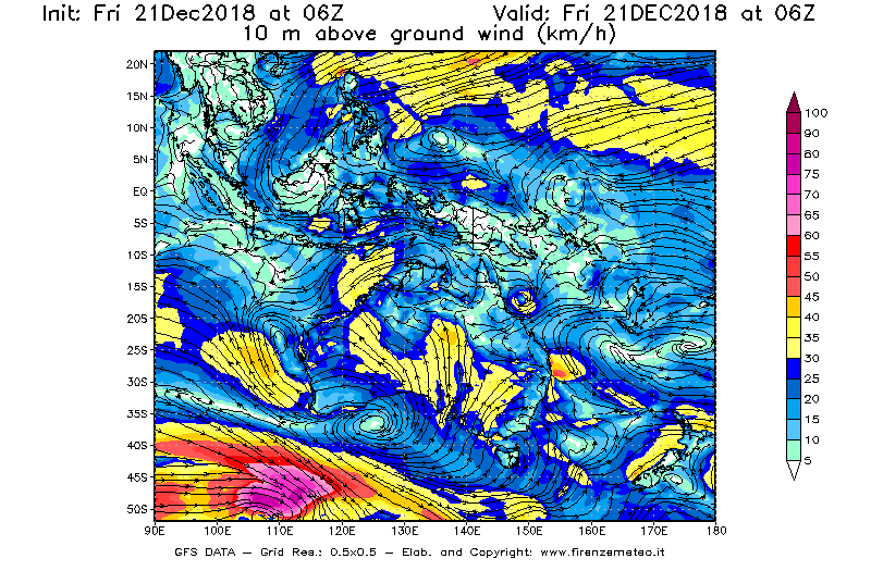 Mappa di analisi GFS - Velocità del vento a 10 metri dal suolo [km/h] in Oceania
									del 21/12/2018 06 <!--googleoff: index-->UTC<!--googleon: index-->