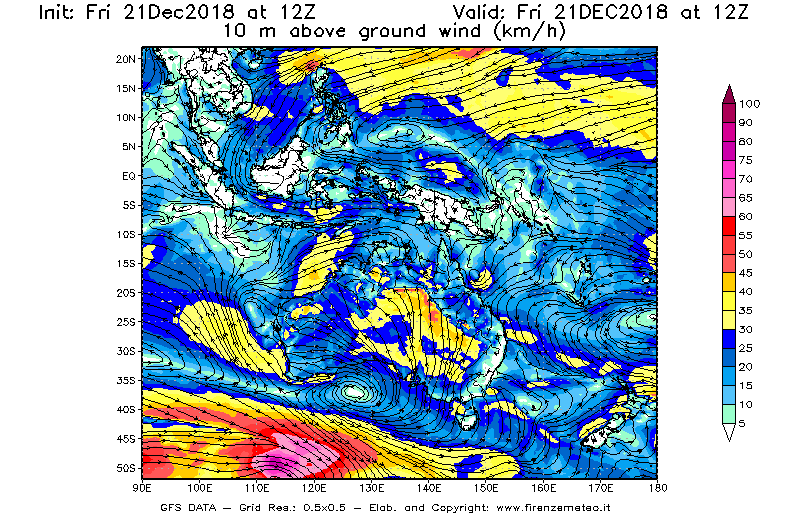 Mappa di analisi GFS - Velocità del vento a 10 metri dal suolo [km/h] in Oceania
									del 21/12/2018 12 <!--googleoff: index-->UTC<!--googleon: index-->