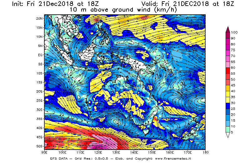 Mappa di analisi GFS - Velocità del vento a 10 metri dal suolo [km/h] in Oceania
									del 21/12/2018 18 <!--googleoff: index-->UTC<!--googleon: index-->