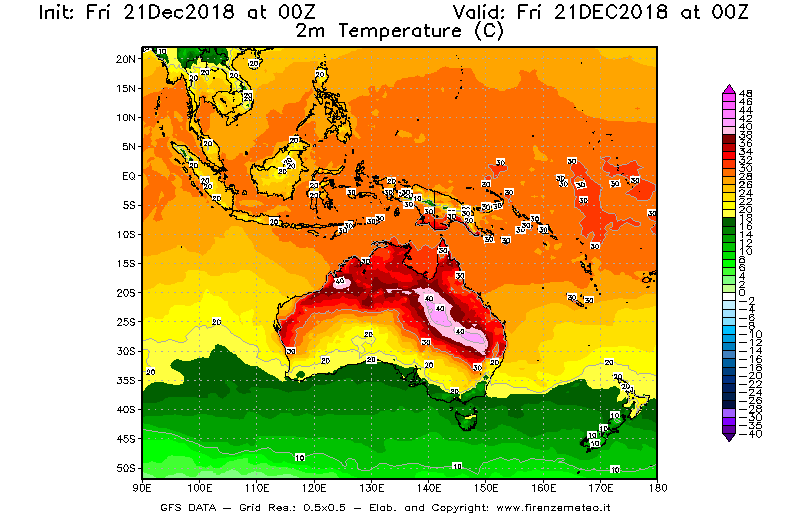 Mappa di analisi GFS - Temperatura a 2 metri dal suolo [°C] in Oceania
									del 21/12/2018 00 <!--googleoff: index-->UTC<!--googleon: index-->