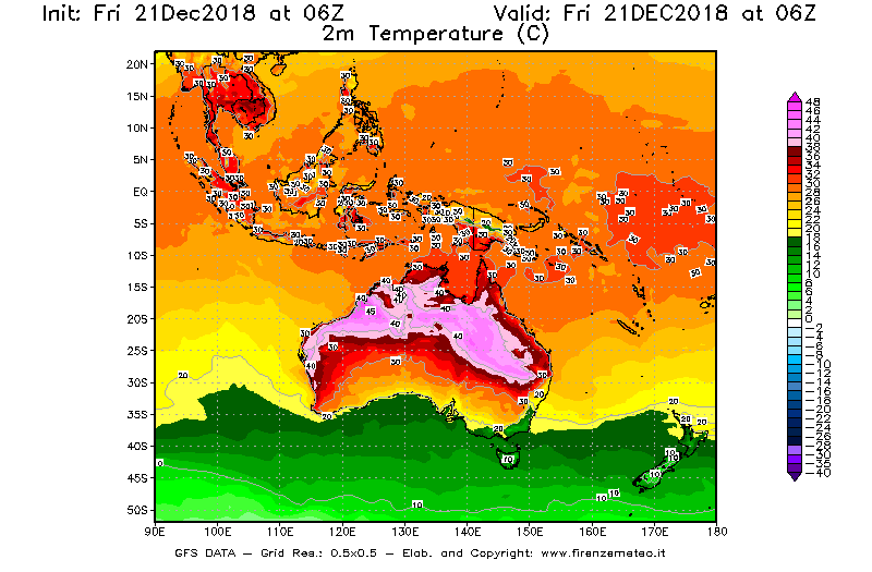 Mappa di analisi GFS - Temperatura a 2 metri dal suolo [°C] in Oceania
									del 21/12/2018 06 <!--googleoff: index-->UTC<!--googleon: index-->