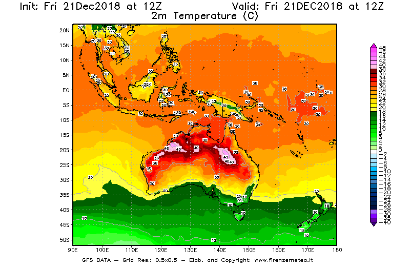 Mappa di analisi GFS - Temperatura a 2 metri dal suolo [°C] in Oceania
									del 21/12/2018 12 <!--googleoff: index-->UTC<!--googleon: index-->