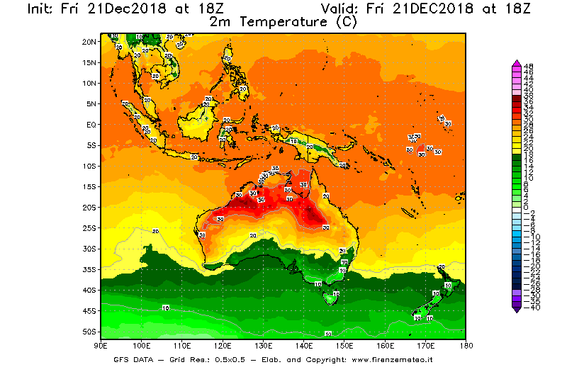 Mappa di analisi GFS - Temperatura a 2 metri dal suolo [°C] in Oceania
									del 21/12/2018 18 <!--googleoff: index-->UTC<!--googleon: index-->