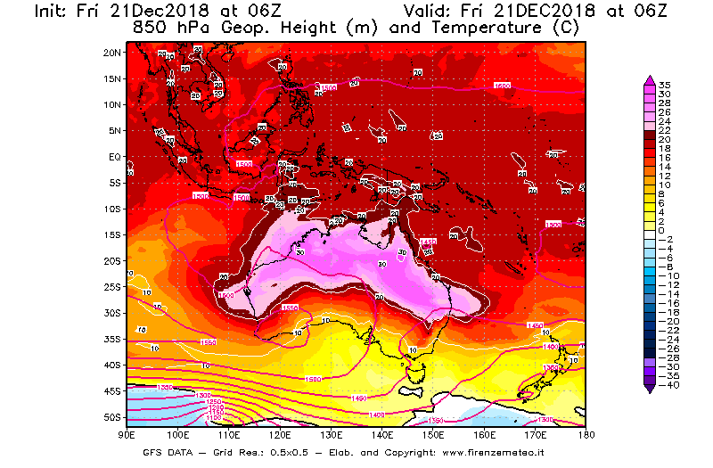 Mappa di analisi GFS - Geopotenziale [m] e Temperatura [°C] a 850 hPa in Oceania
									del 21/12/2018 06 <!--googleoff: index-->UTC<!--googleon: index-->