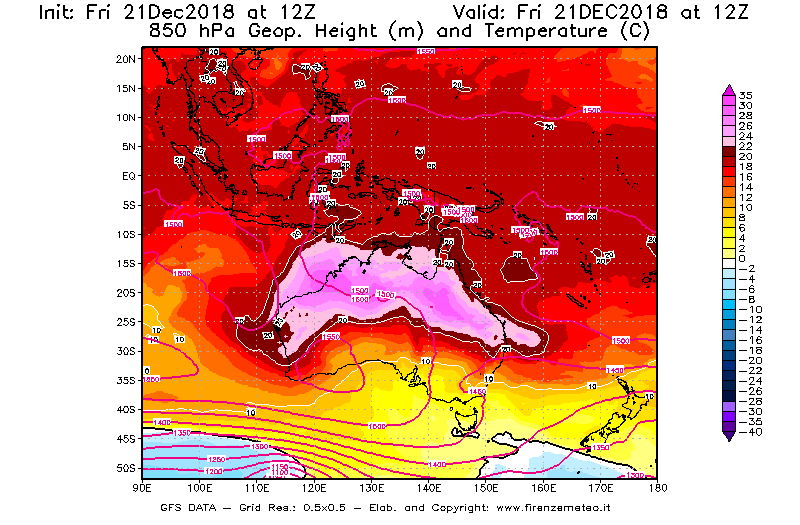 Mappa di analisi GFS - Geopotenziale [m] e Temperatura [°C] a 850 hPa in Oceania
									del 21/12/2018 12 <!--googleoff: index-->UTC<!--googleon: index-->