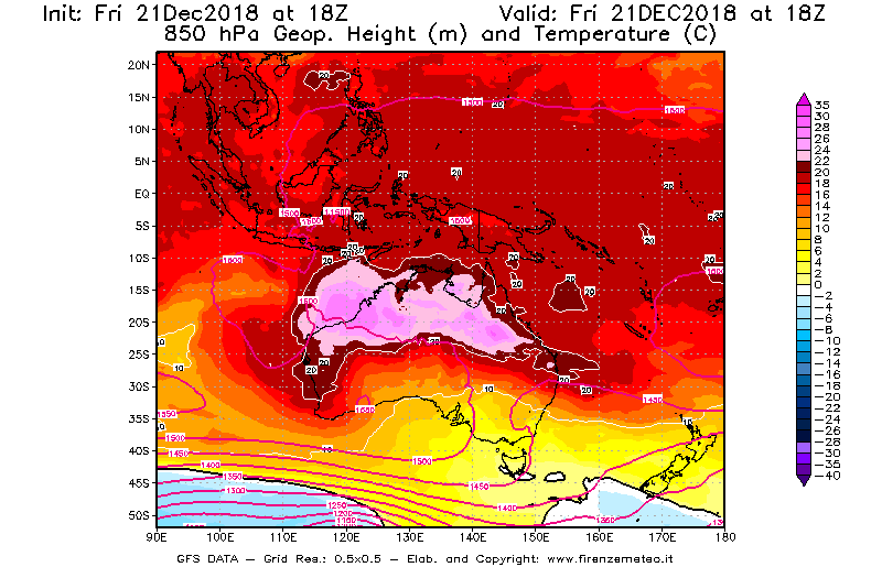 Mappa di analisi GFS - Geopotenziale [m] e Temperatura [°C] a 850 hPa in Oceania
									del 21/12/2018 18 <!--googleoff: index-->UTC<!--googleon: index-->
