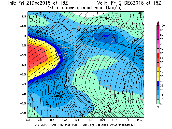 Mappa di analisi GFS - Velocità del vento a 10 metri dal suolo [km/h] in Toscana
									del 21/12/2018 18 <!--googleoff: index-->UTC<!--googleon: index-->