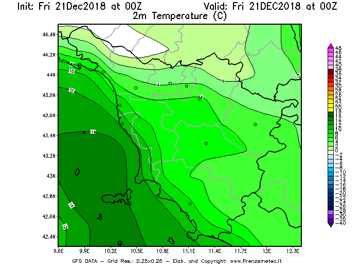 Mappa di analisi GFS - Temperatura a 2 metri dal suolo [°C] in Toscana
									del 21/12/2018 00 <!--googleoff: index-->UTC<!--googleon: index-->