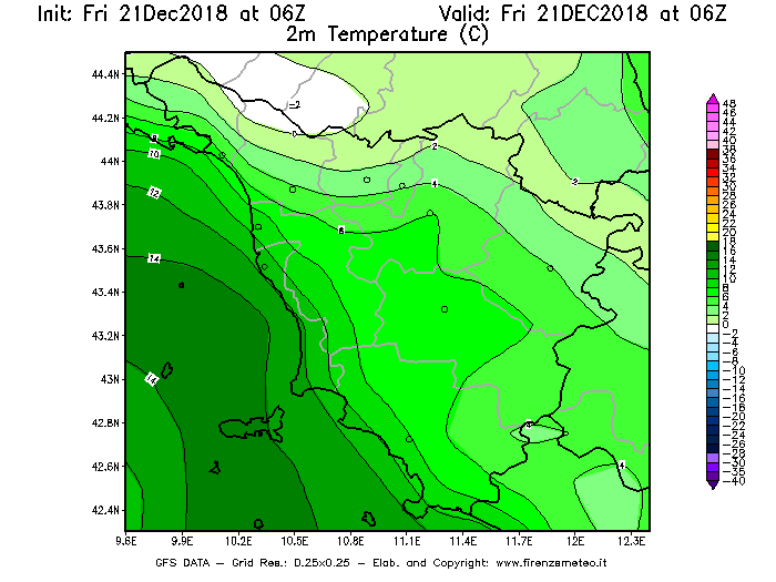 Mappa di analisi GFS - Temperatura a 2 metri dal suolo [°C] in Toscana
									del 21/12/2018 06 <!--googleoff: index-->UTC<!--googleon: index-->