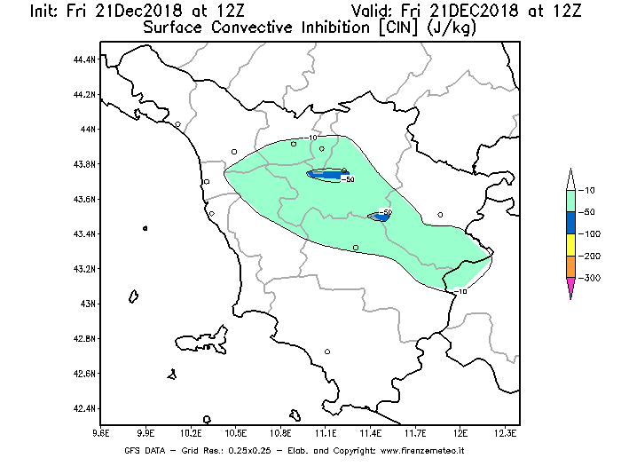 Mappa di analisi GFS - CIN [J/kg] in Toscana
									del 21/12/2018 12 <!--googleoff: index-->UTC<!--googleon: index-->