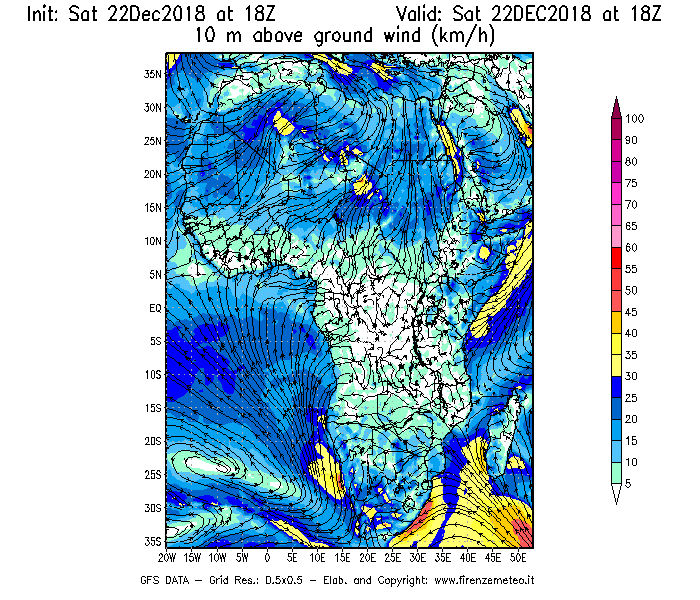 Mappa di analisi GFS - Velocità del vento a 10 metri dal suolo [km/h] in Africa
									del 22/12/2018 18 <!--googleoff: index-->UTC<!--googleon: index-->