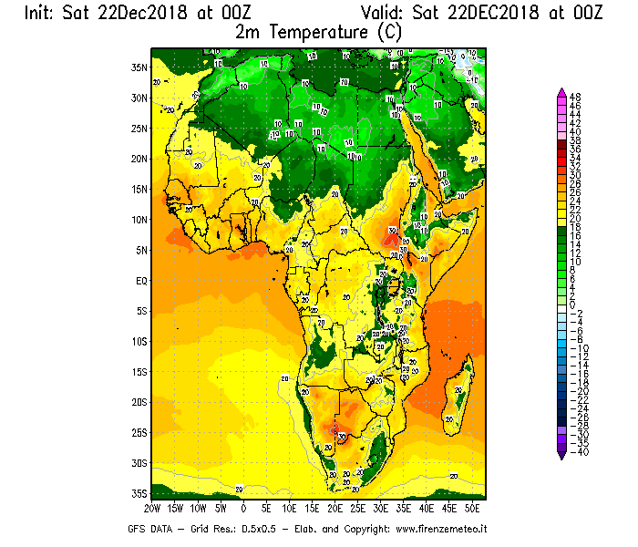 Mappa di analisi GFS - Temperatura a 2 metri dal suolo [°C] in Africa
									del 22/12/2018 00 <!--googleoff: index-->UTC<!--googleon: index-->