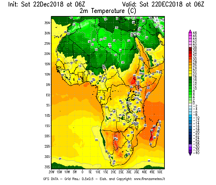 Mappa di analisi GFS - Temperatura a 2 metri dal suolo [°C] in Africa
									del 22/12/2018 06 <!--googleoff: index-->UTC<!--googleon: index-->