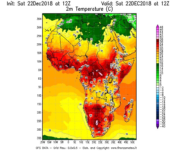 Mappa di analisi GFS - Temperatura a 2 metri dal suolo [°C] in Africa
									del 22/12/2018 12 <!--googleoff: index-->UTC<!--googleon: index-->