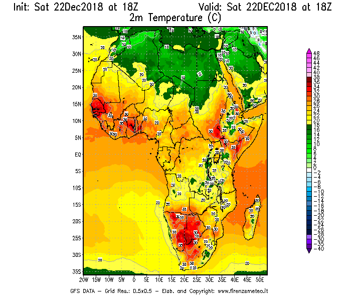 Mappa di analisi GFS - Temperatura a 2 metri dal suolo [°C] in Africa
									del 22/12/2018 18 <!--googleoff: index-->UTC<!--googleon: index-->