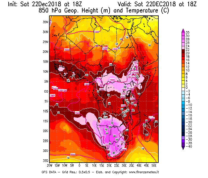 Mappa di analisi GFS - Geopotenziale [m] e Temperatura [°C] a 850 hPa in Africa
									del 22/12/2018 18 <!--googleoff: index-->UTC<!--googleon: index-->
