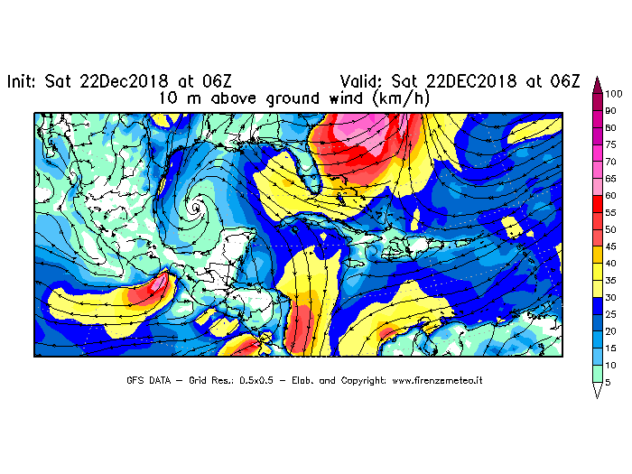 Mappa di analisi GFS - Velocità del vento a 10 metri dal suolo [km/h] in Centro-America
									del 22/12/2018 06 <!--googleoff: index-->UTC<!--googleon: index-->