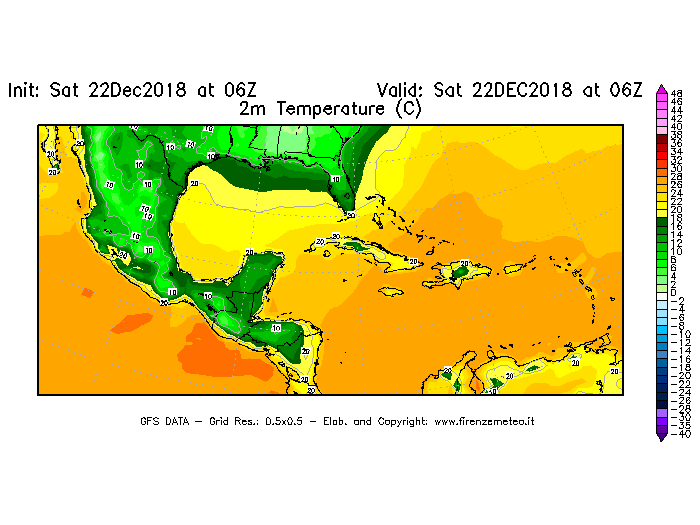 Mappa di analisi GFS - Temperatura a 2 metri dal suolo [°C] in Centro-America
									del 22/12/2018 06 <!--googleoff: index-->UTC<!--googleon: index-->