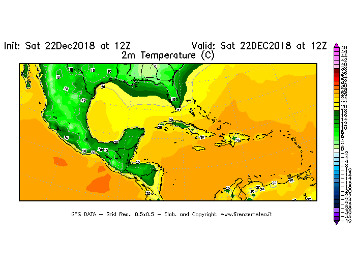 Mappa di analisi GFS - Temperatura a 2 metri dal suolo [°C] in Centro-America
									del 22/12/2018 12 <!--googleoff: index-->UTC<!--googleon: index-->